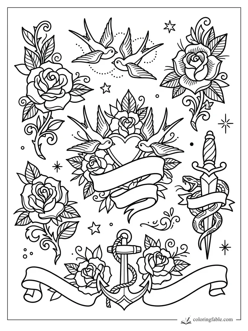 Vintage tattoo flash coloring page with roses, swallows, heart, anchor, snake dagger, stars, and banners