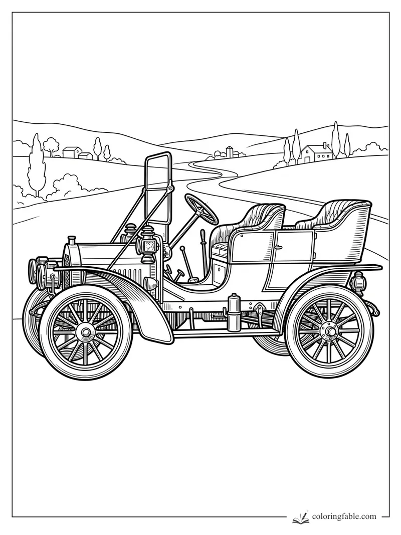 Intricate vintage touring car with spoked wheels, open seats, hills, farmhouses, and a winding road