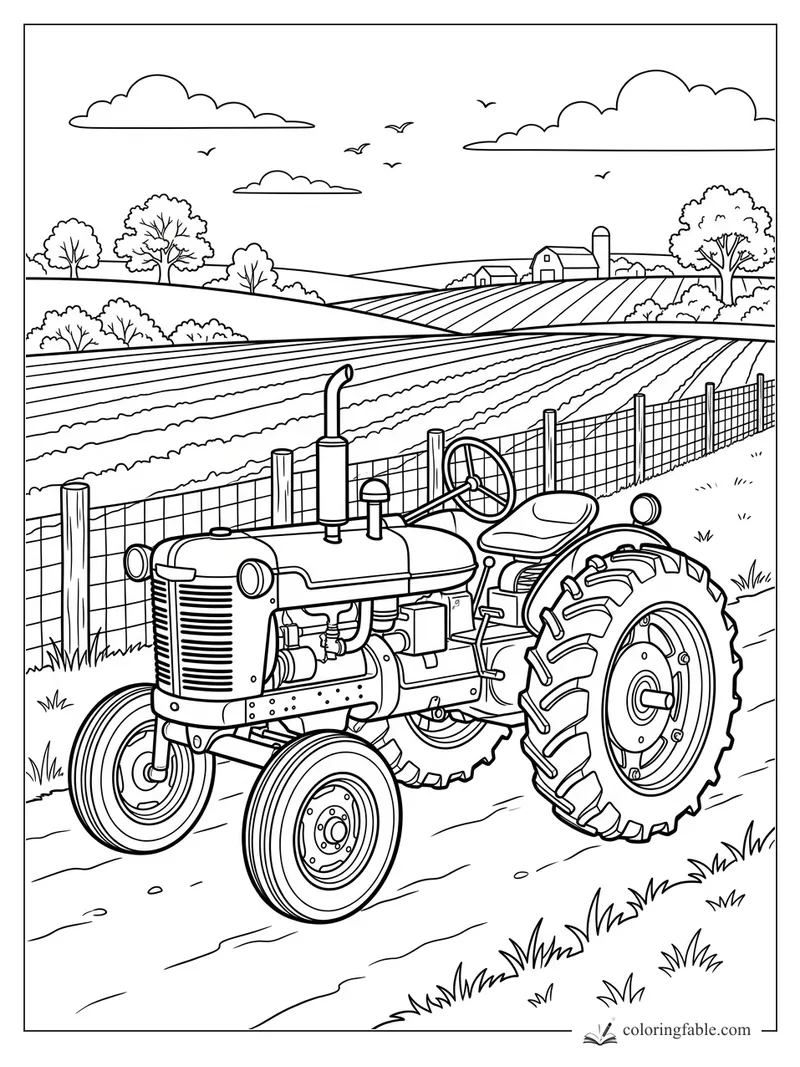 Vintage tractor beside a wire fence, plowed fields, barns, trees, clouds, and birds in a farm landscape.