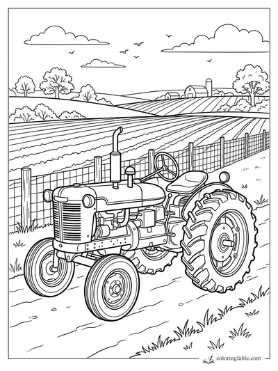 Vintage tractor beside a wire fence, plowed fields, barns, trees, clouds, and birds in a farm landscape.