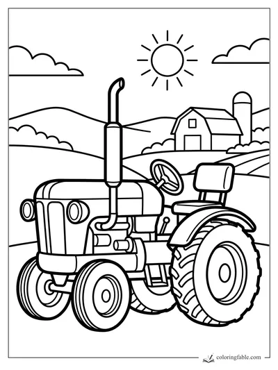 Vintage tractor coloring page with big treaded rear tire, barn, silo, rolling hills, clouds, and sun
