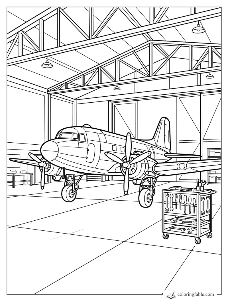 Vintage twin-prop airplane inside a hangar with tool cart, workbenches, ceiling trusses, and lights