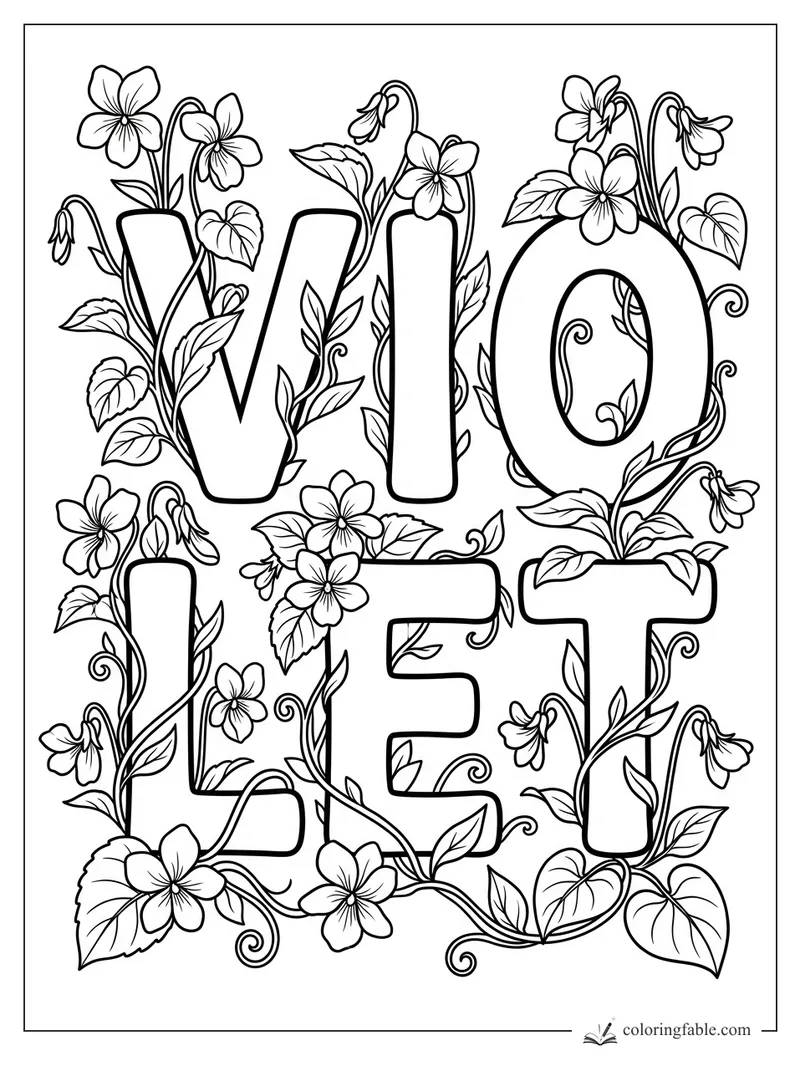 Violet name coloring page with bold block letters, vines, leaves, and violet-like flowers