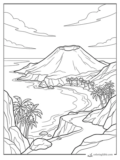 Realistic coloring page of a volcanic island cove with palm trees, cliffs, ocean, and clouds