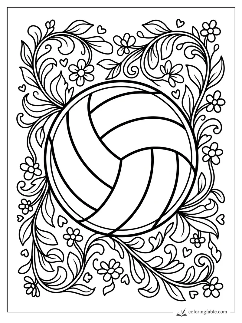 Aesthetic volleyball coloring page with curling vines, leaves, daisies, and tiny hearts around the ball.