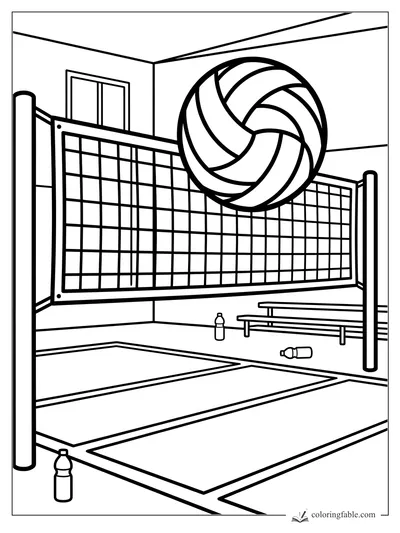 Easy coloring page of a volleyball above an indoor net with court lines, benches, and water bottles.