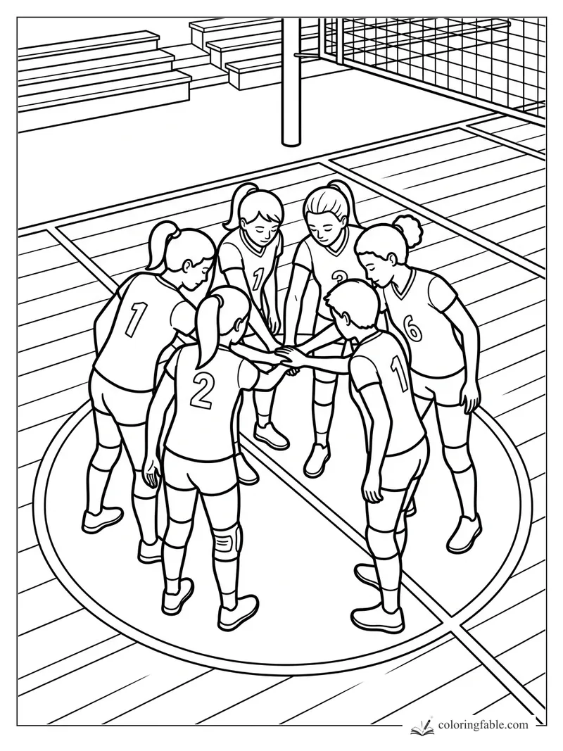 Six young volleyball players stack hands in a center-court huddle by the net and bleachers.