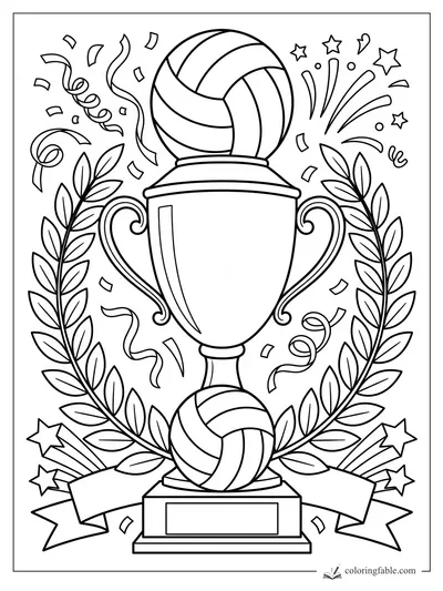 Volleyball trophy topped with a ball, laurel branches, ribbon banner, stars, and falling confetti