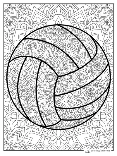 Intricate volleyball coloring page with bold curved seams over floral mandala patterns