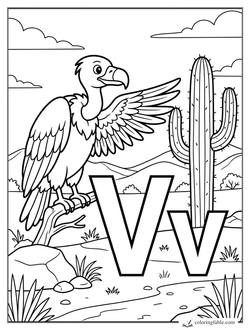 Cartoon vulture on a branch beside uppercase and lowercase V letters, saguaro cactus, hills, and clouds.