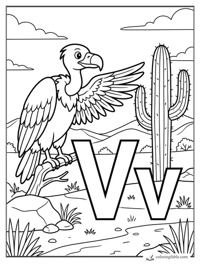 Cartoon vulture on a branch beside uppercase and lowercase V letters, saguaro cactus, hills, and clouds.