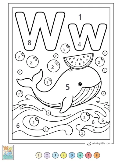 W Is for Whale with a Watermelon Hat — color by number