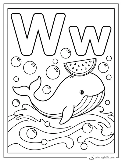 Uppercase and lowercase W with a smiling whale, watermelon slice, bubbles, and rolling waves