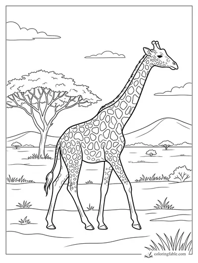 Giraffe walking past an acacia tree with hills, grass tufts, bushes, and small clouds on the savanna.