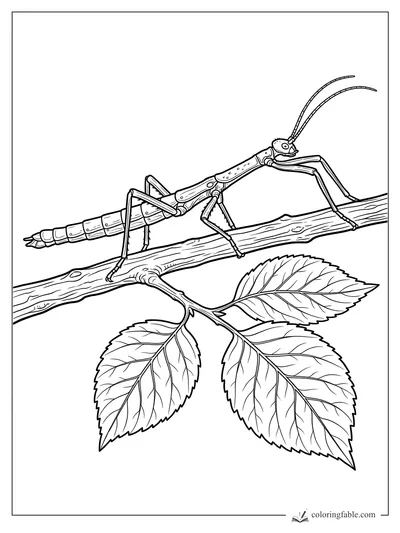 Realistic walking stick insect on a branch with three veined leaves and long antennae