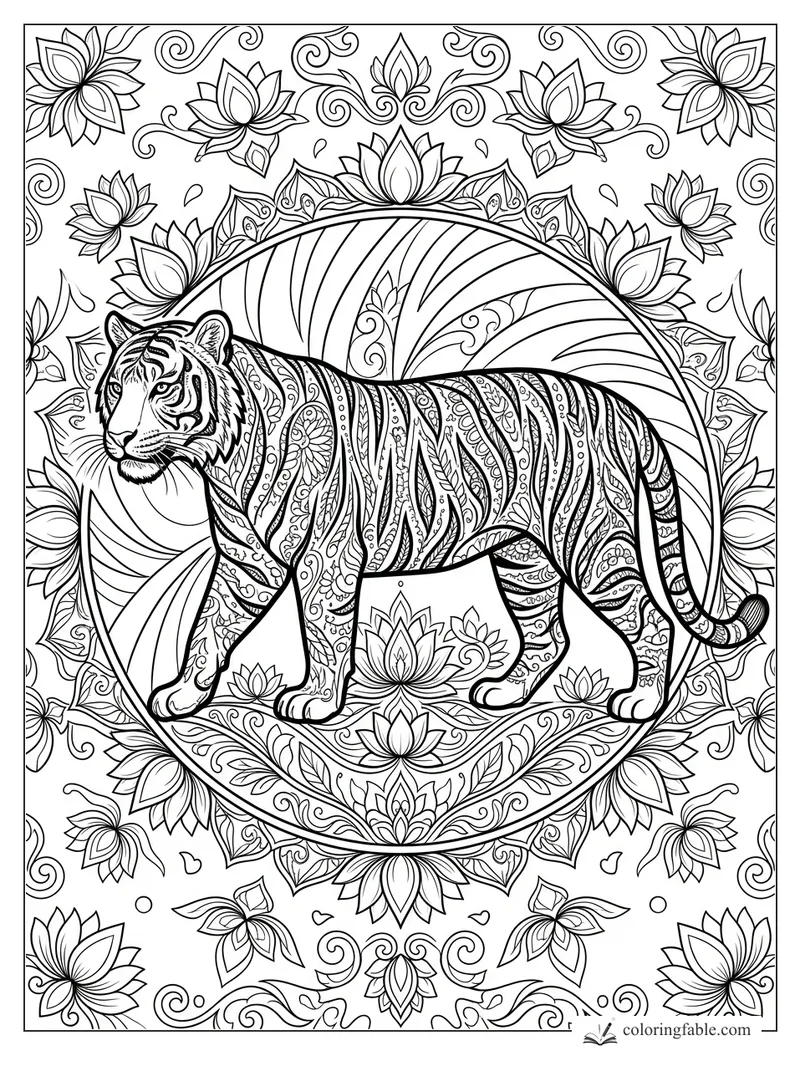 Intricate mandala coloring page of a walking tiger with lotus flowers, curved leaves, and swirling vines.
