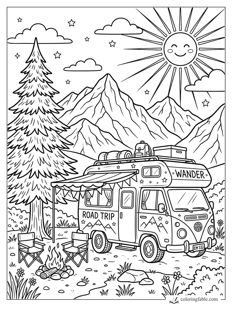Camper van with awning, campfire, chairs, pine tree, mountains, stars, clouds, and smiling sun.