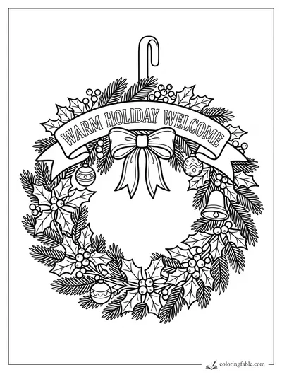 Adorno de corona para colorear con lazo, acebo, bayas, campanas, esferas, pino y cinta Warm Holiday Welcome