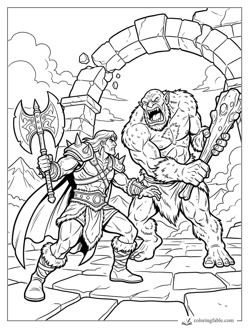Cartoon fantasy warrior with a double axe facing a snarling ogre under a broken stone arch