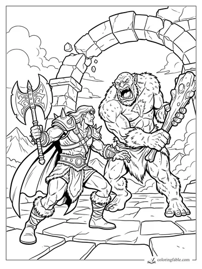 Cartoon fantasy warrior with a double axe facing a snarling ogre under a broken stone arch