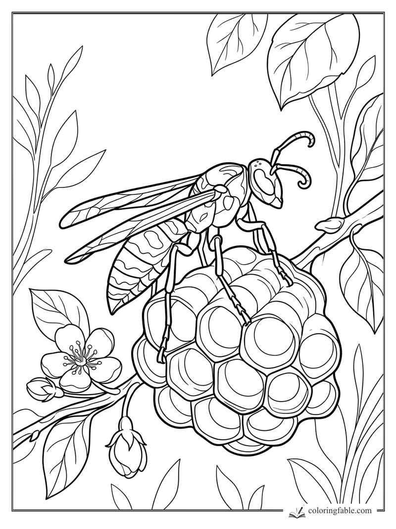 Detailed wasp perched on a raspberry cluster with blossom, buds, leaves, and curling antennae