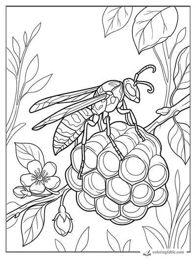 Detailed wasp perched on a raspberry cluster with blossom, buds, leaves, and curling antennae