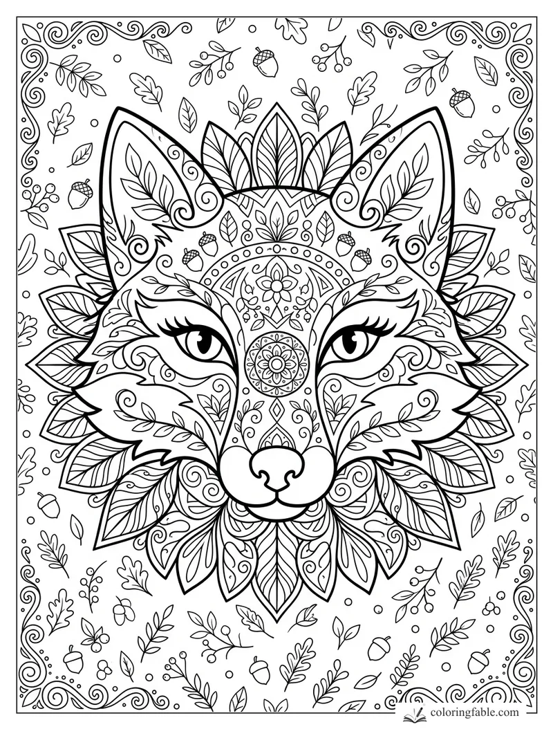 Intricate fox face mandala with leaf petals, acorns, berries, and swirling corner borders