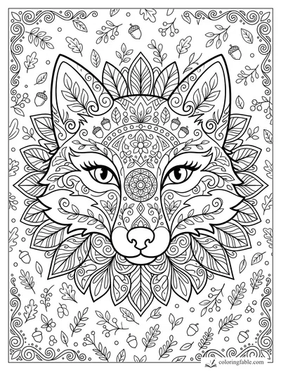 Intricate fox face mandala with leaf petals, acorns, berries, and swirling corner borders