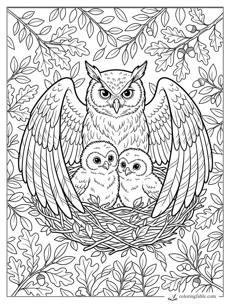 Mother owl spreads her wings around two owlets in a twig nest with oak leaves and acorns.