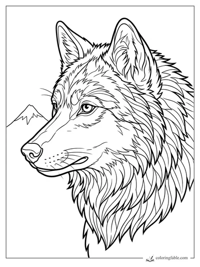 Detailed wolf head coloring page with alert ears, layered fur, and a small mountain in the background.