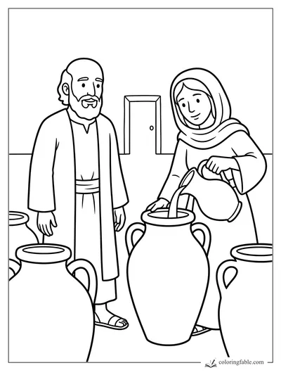 Jesus watches a woman pour water into a large jar at the Cana wedding