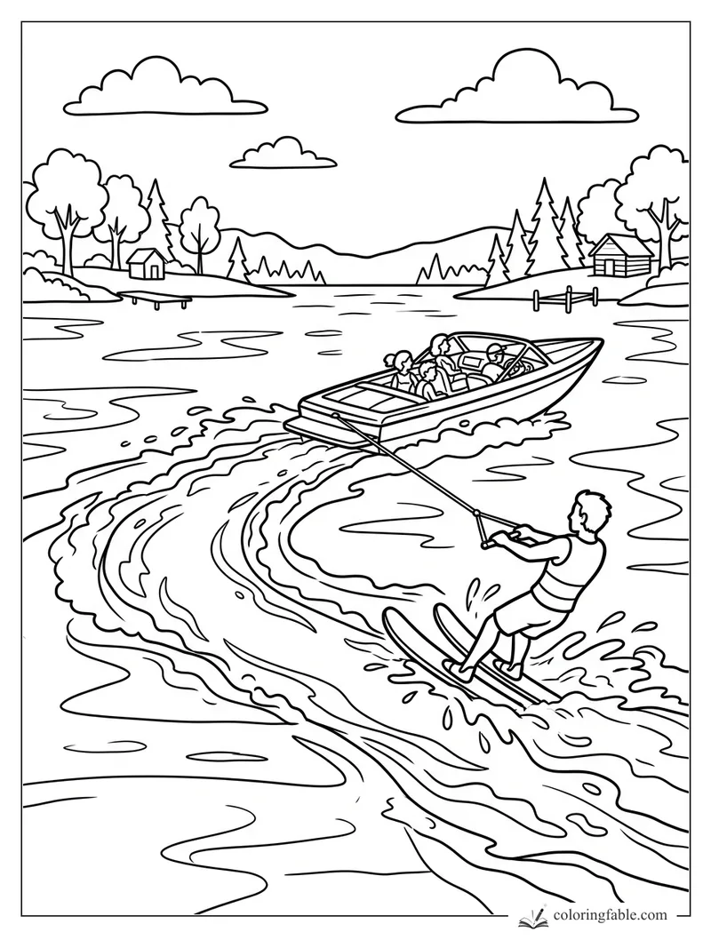 Cartoon water skier behind a speedboat on a summer lake with cabins, docks, pines, hills, and clouds