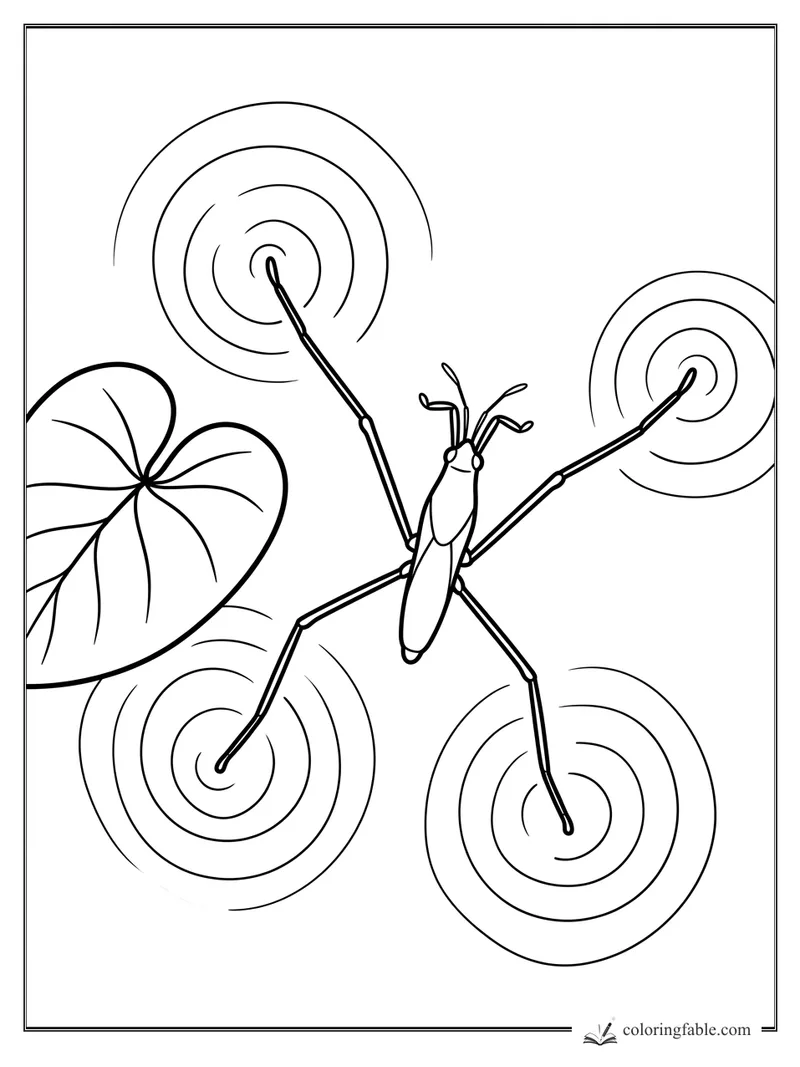 Minimalist water strider on a pond with four ripple circles and a lily pad