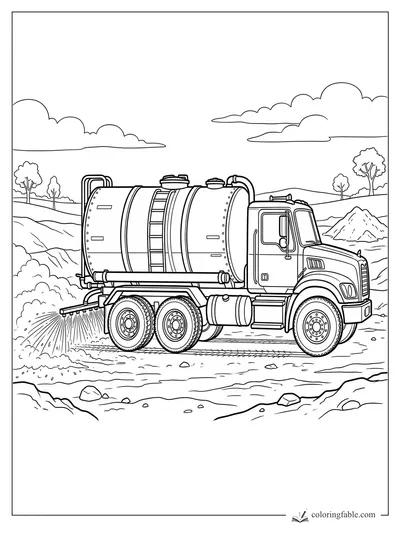Water tanker truck spraying a dirt road with hills, trees, clouds, and gravel piles in the background.
