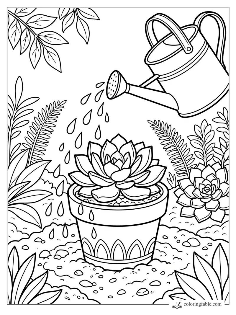 Watering can sprinkling a potted rosette succulent amid ferns, leafy plants, pebbles, and a patterned pot.