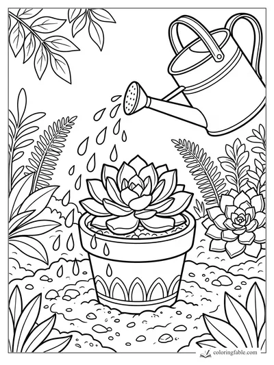 Watering can sprinkling a potted rosette succulent amid ferns, leafy plants, pebbles, and a patterned pot.