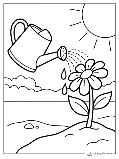 Bold coloring page of a watering can sprinkling a daisy under a bright sun.