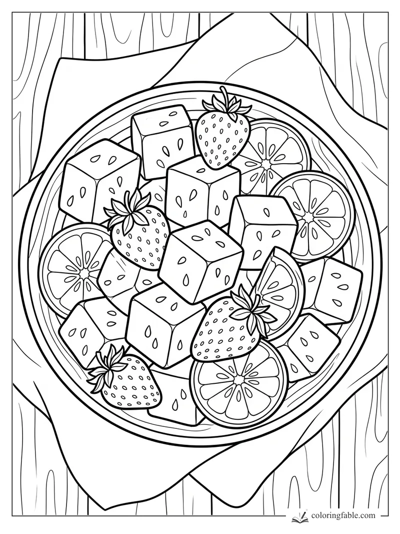 Bowl of watermelon cubes, citrus slices, and strawberries on a napkin over wood grain.