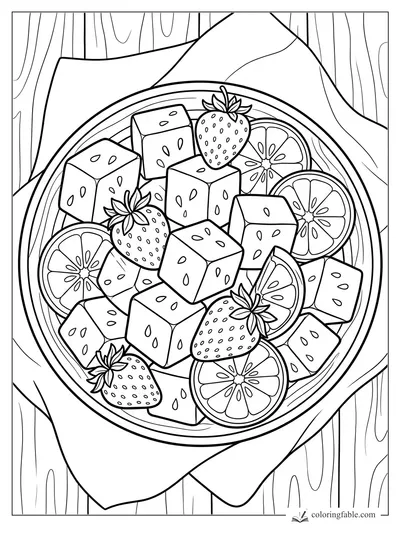 Bowl of watermelon cubes, citrus slices, and strawberries on a napkin over wood grain.