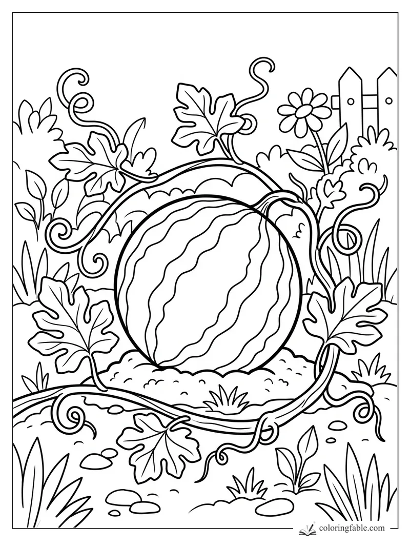 Cartoon watermelon growing among curly vines, broad leaves, a daisy, grass, stones, and a picket fence.