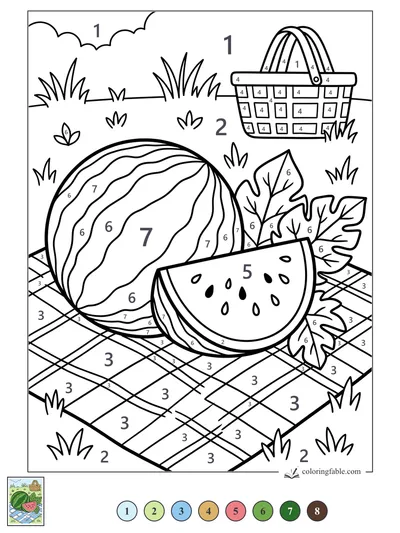 Watermelon Picnic on a Checkered Blanket — color by number