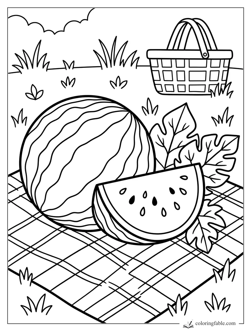 Whole watermelon and seeded slice on a checkered picnic blanket with basket, leaves, grass, and cloud