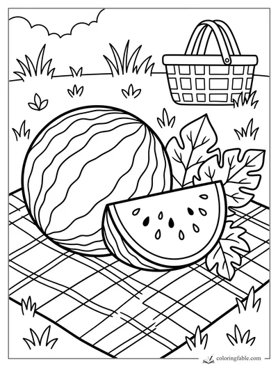 Whole watermelon and seeded slice on a checkered picnic blanket with basket, leaves, grass, and cloud