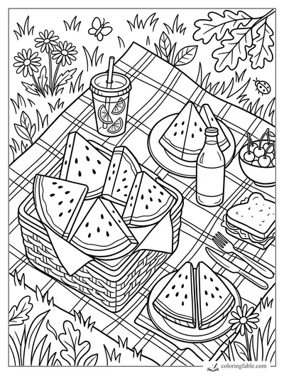 Watermelon slices in a picnic basket with lemonade, cherries, sandwiches, daisies, and grass on a plaid blanket.