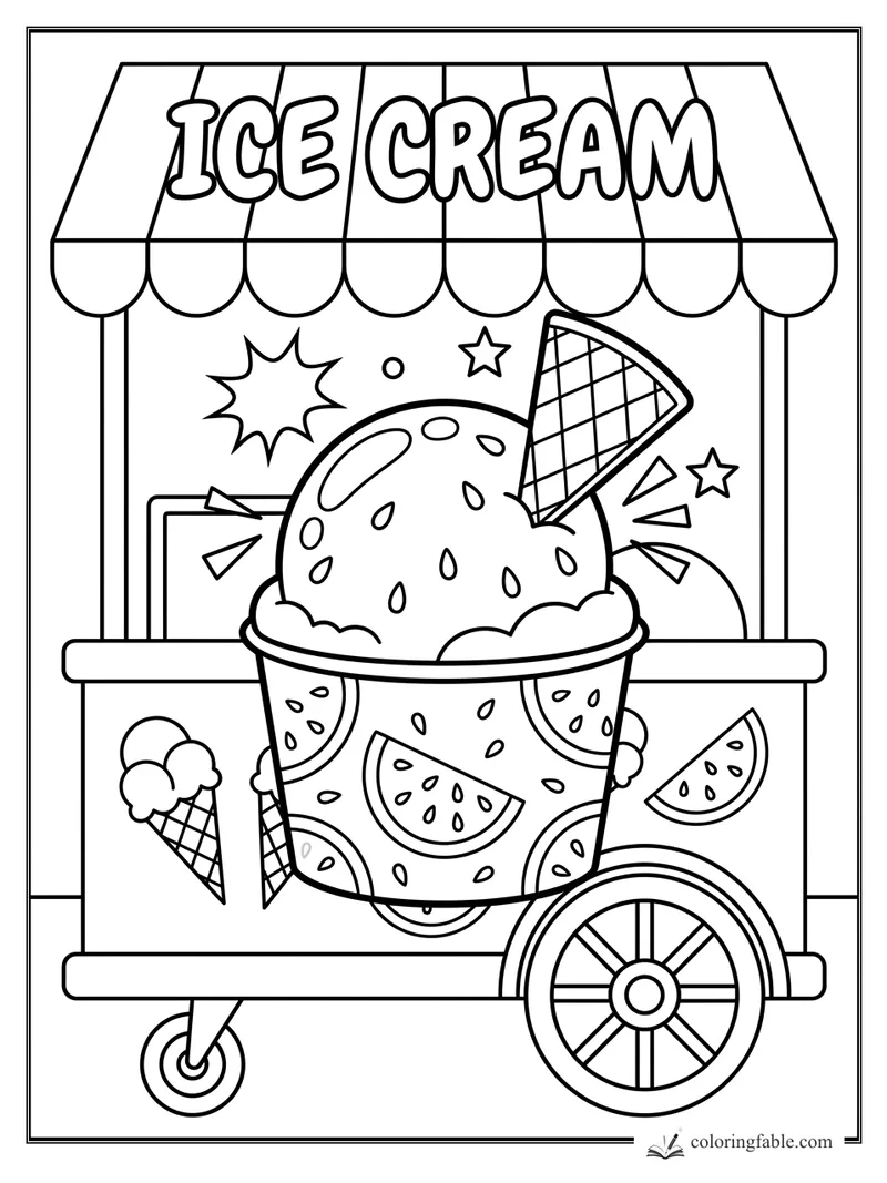Pop-art watermelon ice cream scoop in a cup at a striped ice cream cart with cone, stars, and wheels