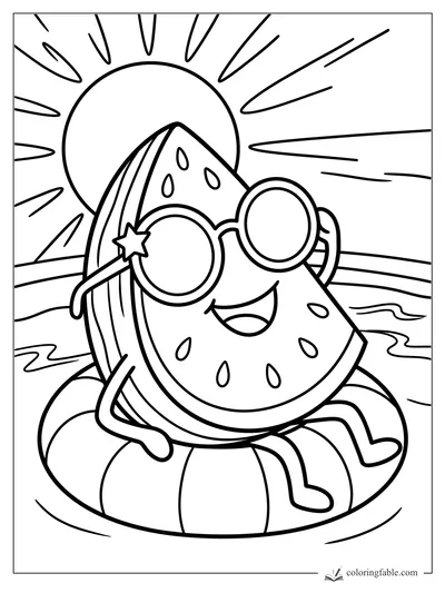 Cartoon watermelon slice with round sunglasses on a striped pool float under a bright sun.