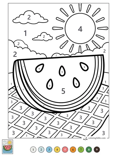 Watermelon Slice on a Sunny Picnic Blanket — color by number