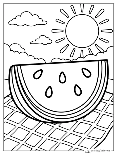 Easy watermelon coloring page with a big slice, seeds, sun, clouds, and picnic blanket