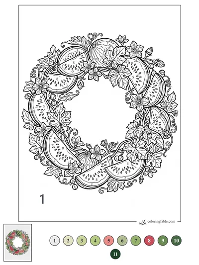 Watermelon Vine Wreath with Blossoms — color by number