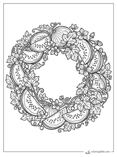 Intricate watermelon wreath with slices, leaves, curling vines, blossoms, buds, berries, and a round melon.